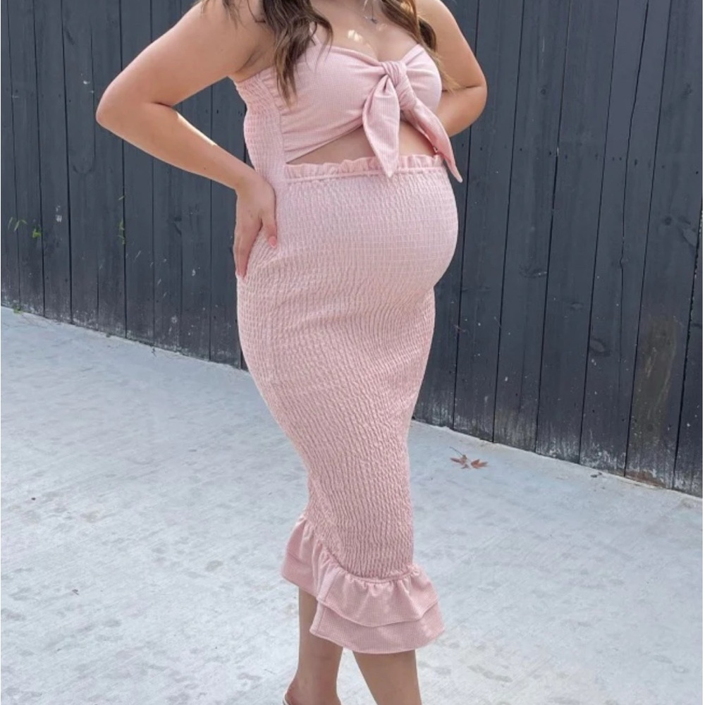 Pinkblush Mauve Gingham Print Smocked Fitted Self-Tie Maternity Midi Dress